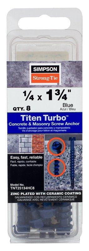 Simpson Strong-Tie Titen Turbo TNT25134HC8 Screw Anchor, 1/4 in Dia, 1-3/4 in L, Carbon Steel, Ceramic-Coated/Zinc