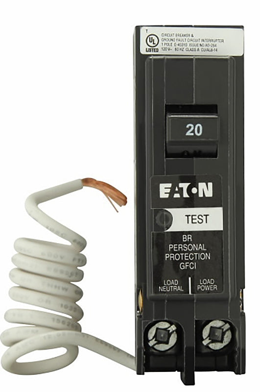Eaton BRN120GF Circuit Breaker, GFCI, Type BR, 20 A, 1-Pole, 120/240 VAC, Trip-to-Center Trip, Plug