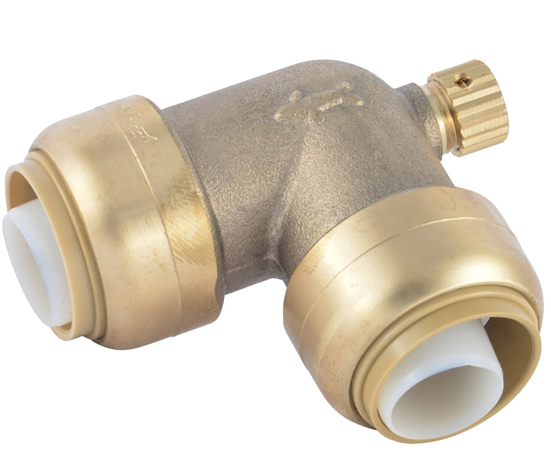 SharkBite U5256LF Pipe Elbow with Drain/Vent, 3/4 in, 90 deg Angle, Brass, 200 psi Pressure