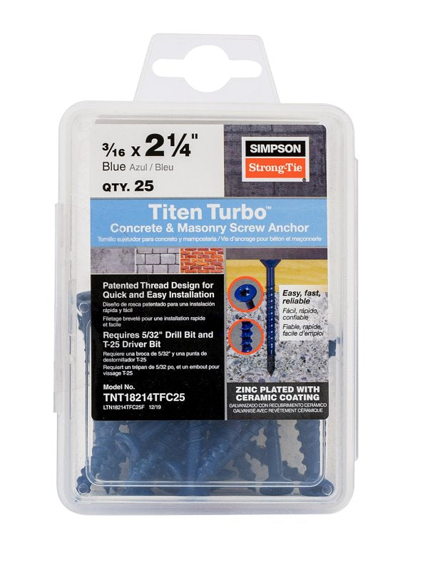 Simpson Strong-Tie Titen Turbo TNT18214TFC25 Screw Anchor, 3/16 in Dia, 2-1/4 in L, Carbon Steel