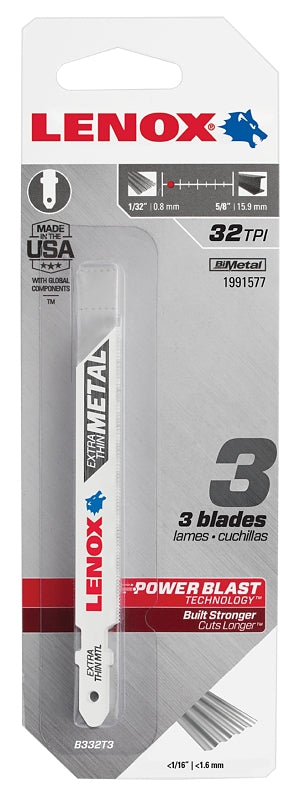 Lenox 1991577 Jig Saw Blade, 3/8 in W, 3-5/8 in L, 32 TPI, 3/PK