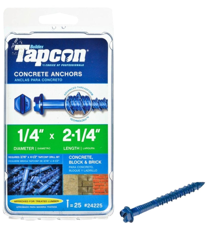 Tapcon 24225 Screw Anchor, 1/4 in Dia, 2-1/4 in L, Steel, Climaseal