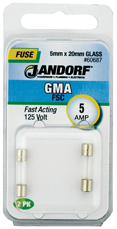Jandorf 60687 Fast Acting Fuse, 5 A, 125 V, 10 kA Interrupt, Glass Body