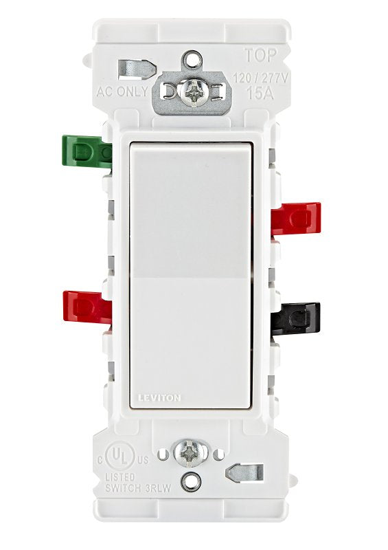 Decora Edge Series E5603-0SW Residential-Grade 3-Way Rocker Switch, 15 A, 120/277 VAC, Side Lever Terminal, White