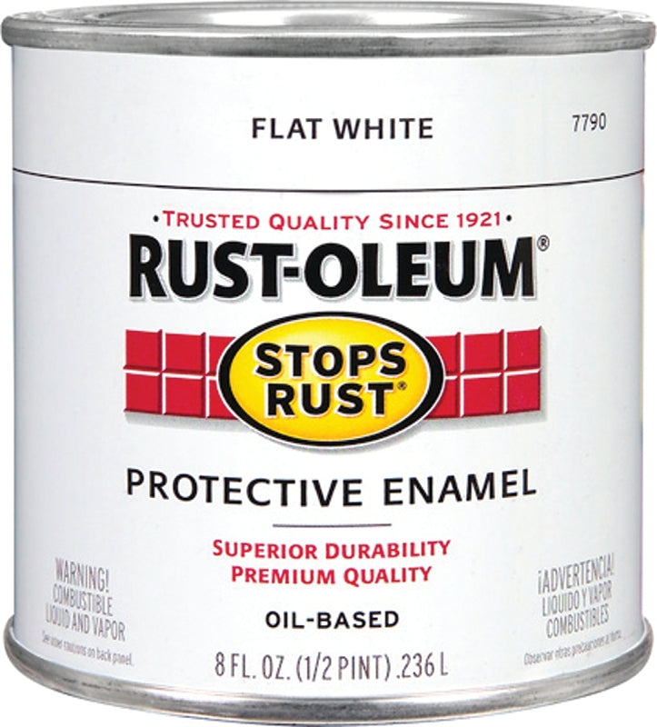 Rust-Oleum Stops Rust 7790730 Enamel Paint, Oil, Flat, White, 0.5 pt, Can, 50 to 110 sq-ft/qt Coverage Area