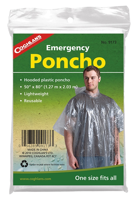 Coghlan's 9173 Emergency Poncho, One-Size, Polyethylene, Clear, Reusable