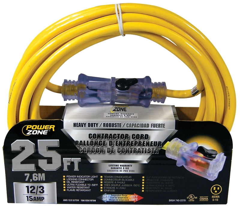 PowerZone Contractor Cord, 12 AWG Cable, 25 ft L, 15 A, 125 V, Yellow