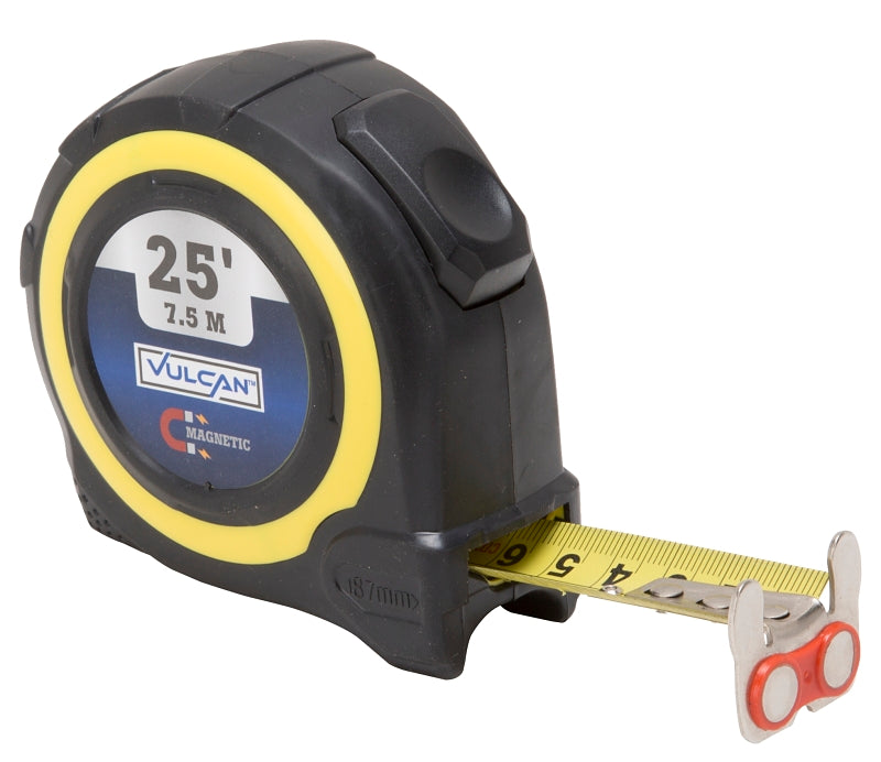 Vulcan 58-7.5X25-A Tape Measure, 25 ft L Blade, 1 in W Blade, Steel Blade, ABS Plastic Case, Yellow Case