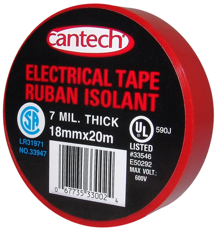 Cantech 330-02 Electrical Tape, 20 m L, 18 mm W, PVC Backing, Red