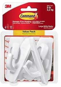 Command 17003-6ES Large Hook, 5 lb, 1-Hook, Plastic, White