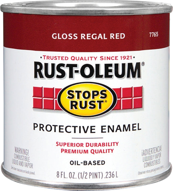 Rust-Oleum Stops Rust 7765730 Enamel Paint, Oil, Gloss, Regal Red, 0.5 pt, Can, 50 to 90 sq-ft/qt Coverage Area