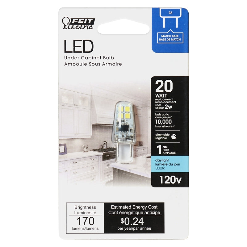 Feit Electric BP20G8/850/LED LED Bulb, Specialty, T4 Lamp, 20 W Equivalent, G8 Lamp Base, Dimmable, Clear