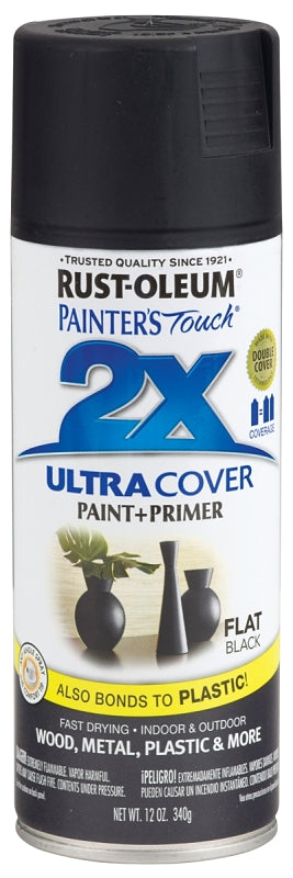 Rust-Oleum Painter's Touch 2X Ultra Cover 334020 Spray Paint, Flat, Black, 12 oz, Aerosol Can