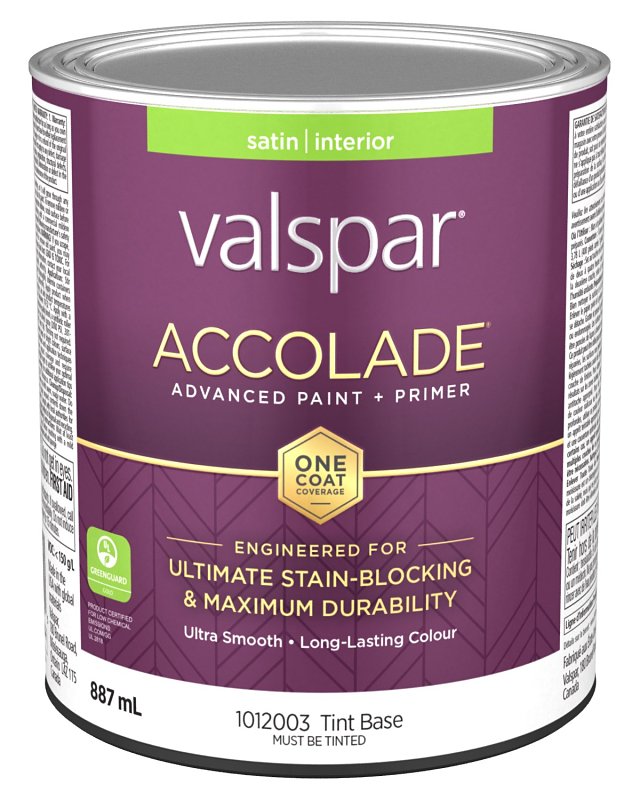 Accolade 029.1012003.005 Interior Paint and Primer, Acrylic, Satin, Tint Base, 1 qt, 37 sq-m Coverage Area