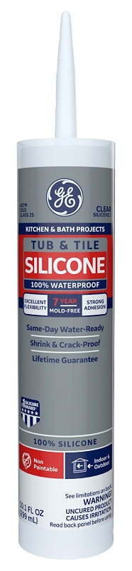 GE Silicone 1 2749485 Tub & Tile Sealant, Clear, 24 hr Curing, 10.1 fl-oz Cartridge