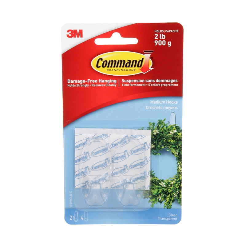 Command 17091CLR-C Medium Hook, 2 lb, 2-Hook, Clear