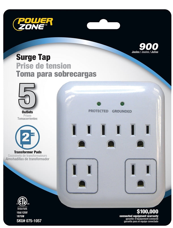 PowerZone OR802155 Tap Surge Protector, 125 V, 15 A, 5-Outlet, 900 Joules Energy, Gray & White