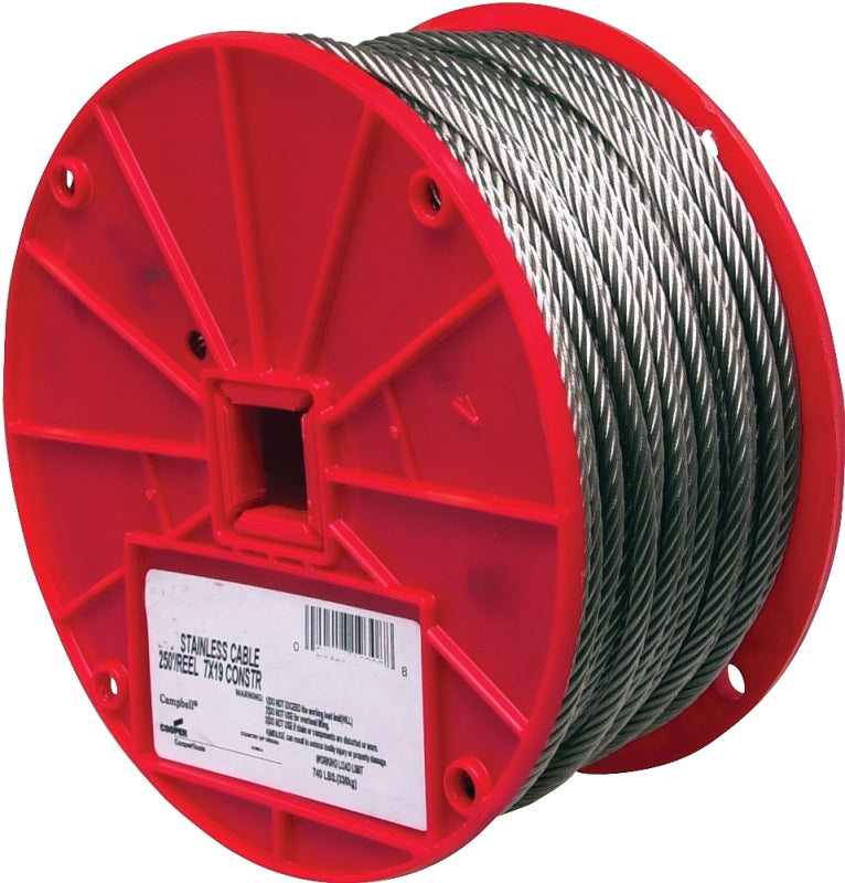 Campbell 7000426 High-Strength Cable, 1/8 in Dia, 250 ft L, 340 lb Working Load, Stainless Steel