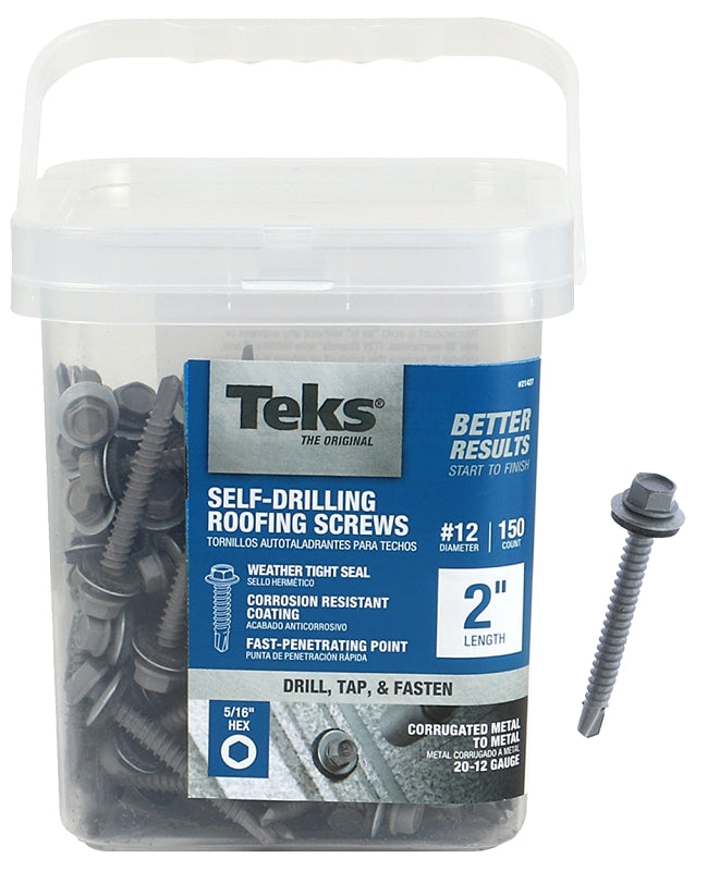 Teks 21427 Roofing Screw, #12 Thread, Hex Drive, Drill Point, Steel, Zinc