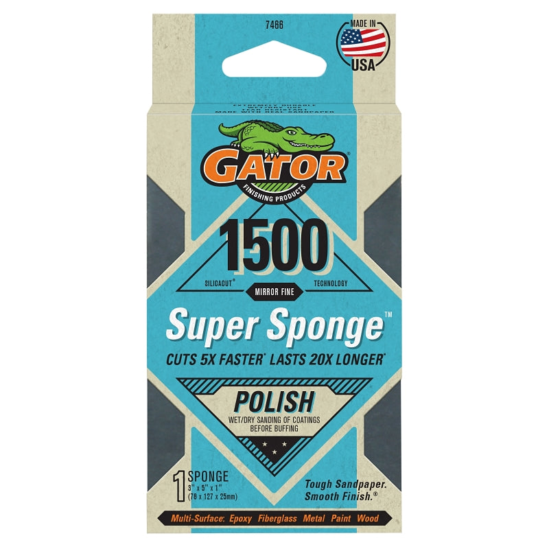 Gator 7466 Sanding Sponge, 5 in L, 3 in W, 1500 Grit, Mirror Fine, Silicon Carbide Abrasive