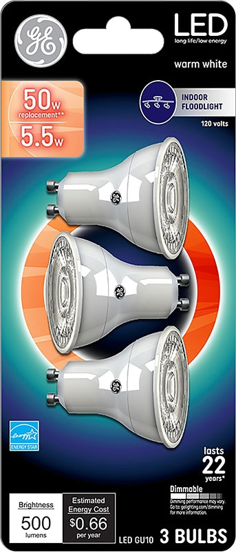GE 93120813 Floodlight Bulb, Recessed, MR16 Lamp, 50 W Equivalent, GU10 Lamp Base, Dimmable, Clear, Clear Light