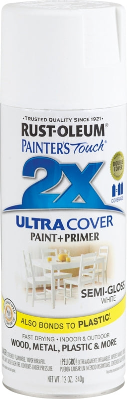 Rust-Oleum Painter's Touch 2X Ultra Cover 334098 Spray Paint, Semi-Gloss, White, 12 oz, Aerosol Can