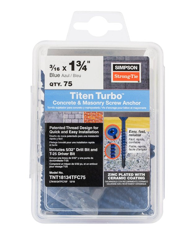 Simpson Strong-Tie Titen Turbo TNT18134TFC75 Screw Anchor, 3/16 in Dia, 1-3/4 in L, Carbon Steel