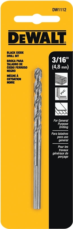 DeWALT DW1112 Jobber Drill Bit, 3/16 in Dia, 3-1/2 in OAL, Parabolic Flute, 3/16 in Dia Shank, Round Shank