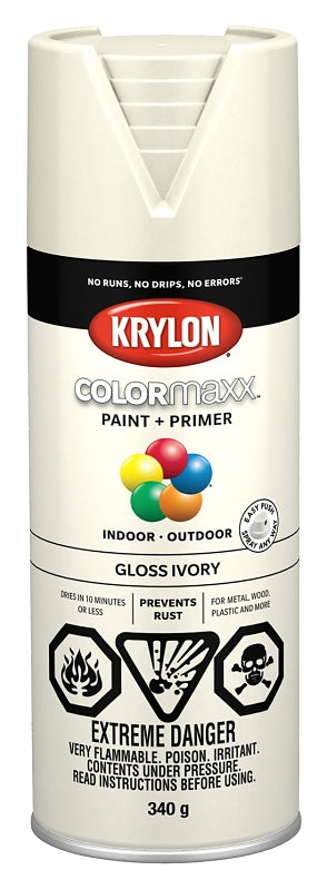 Krylon COLORmaxx K05524007 Spray Paint, Gloss, Ivory, 12 oz, Aerosol Can