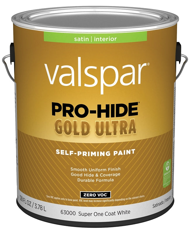 Valspar Pro-Hide Gold Ultra 6300 028.0063000.007 Latex Paint, Acrylic Base, Satin, Super One Coat White, 1 gal