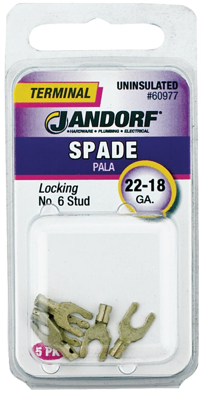 Jandorf 60977 Spade Terminal, 600 V, 22 to 18 AWG Wire, #6 Stud, Copper Contact, 5/PK