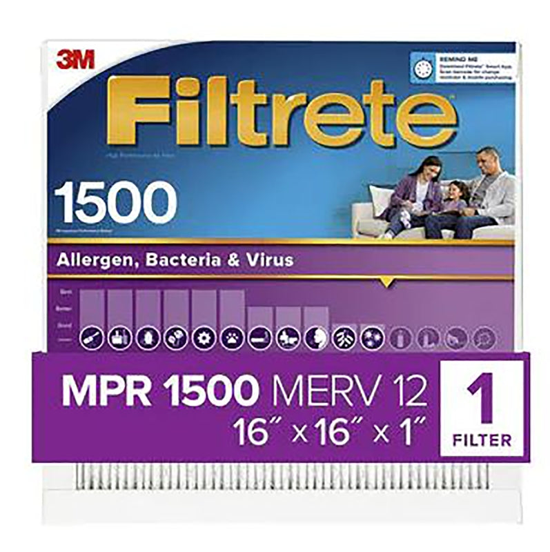 Filtrete 2016DC-4 Allergen, Bacteria & Virus Air Filter, 1500 MPR, 2016DC-4, 16 in x 16 in x 1 in, Pleated, MERV 12