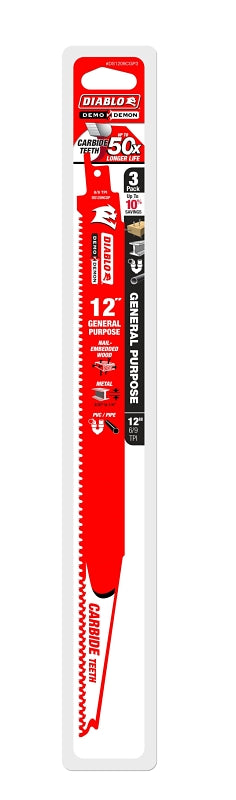 Diablo DS1209CGP3 Reciprocating Saw Blade, 12 in L, 6/9 TPI, Carbide Cutting Edge, 3/PK