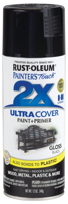 Rust-Oleum Painter's Touch 2X Ultra Cover 334026 Spray Paint, Gloss, Black, 12 oz, Aerosol Can