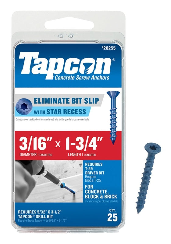 Tapcon 24255 Concrete Screw Anchor, 3/16 in Dia, 1-3/4 in L, Steel, Climaseal