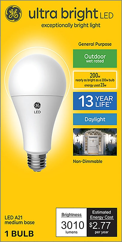 GE Ultra Bright 93128934 Light Bulb, A21 Lamp, 200 W Equivalent, Medium (E26) Lamp Base, Non-Dimmable, Daylight