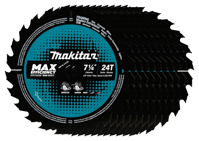 Makita B-61656-10 Circular Saw Blade, 7-1/4 in Dia, 5/8 in Arbor, 24-Teeth, Carbide Cutting Edge, 10/PK