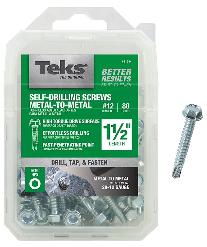 Teks 21344 Screw, #12 Thread, 1-1/2 in L, Coarse Thread, Hex Drive, Self-Drilling, Self-Tapping Point, Steel, Zinc