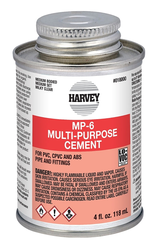 Harvey 18000-24 Solvent Cement, 4 oz Can, Liquid, Milky Clear