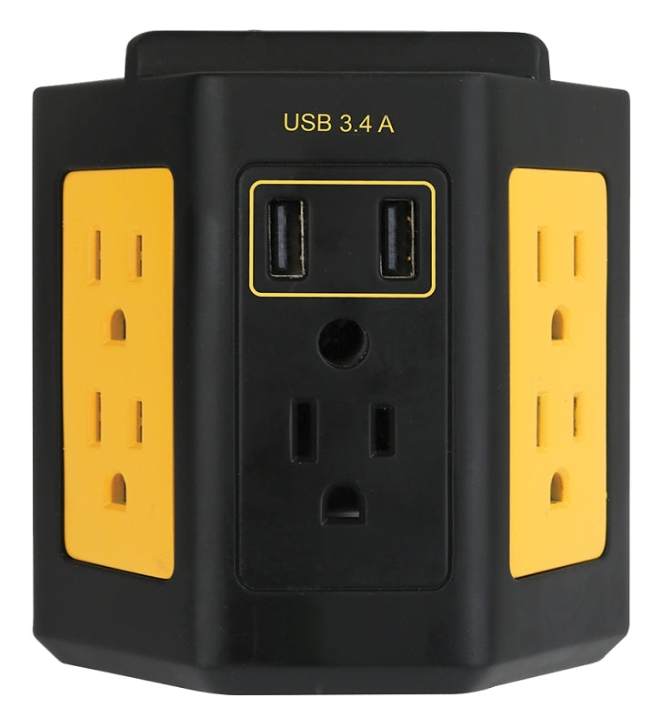 PowerZone ORPBWTU345 Outlet Adapter, 3.4 A, 2-USB Port, 5-Outlet, Black/Yellow