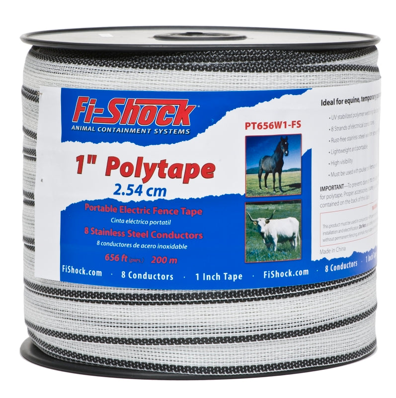 Zareba Fi-Shock PT656W1-FS Polytape, 656 ft L, 1 in W, 8-Strand, Stainless Steel Conductor, White