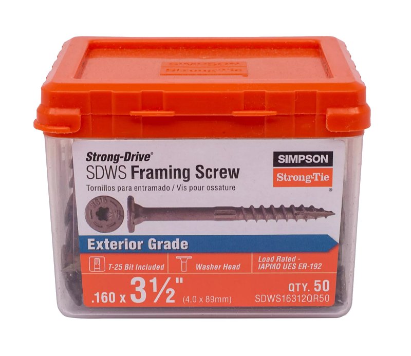 Simpson Strong-Tie Strong-Drive SDWS SDWS16312QR50 Framing Screw, 3-1/2 in L, Serrated Thread, Low-Profile Head, 50