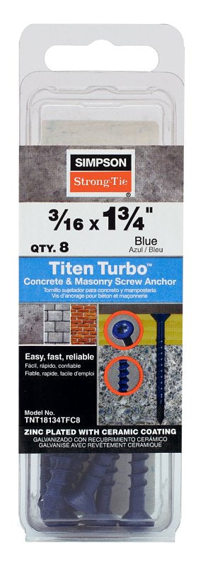 Simpson Strong-Tie Titen Turbo TNT18134TFC8 Screw Anchor, 3/16 in Dia, 1-3/4 in L, Carbon Steel, Ceramic-Coated/Zinc