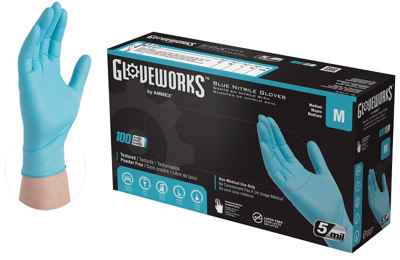 Gloveworks INPF44100 Non-Sterile Disposable Gloves, M, Nitrile, Powder-Free, Blue, 9-1/2 in L