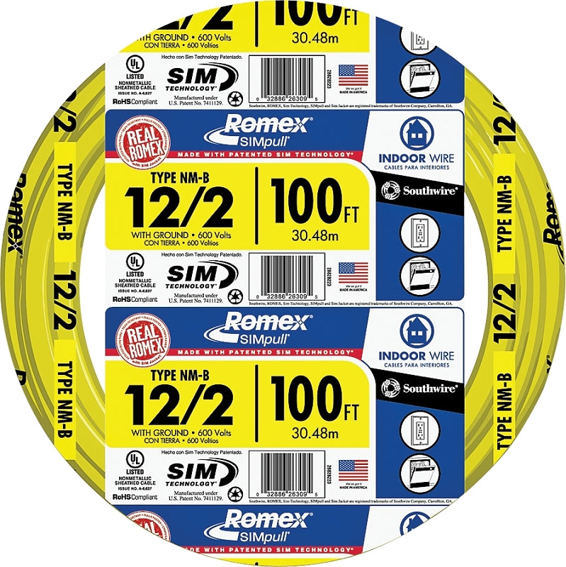 Romex 12/2NM-WGX100 Building Wire, 12 AWG Wire, 2 -Conductor, 100 ft L, Copper Conductor, PVC Insulation