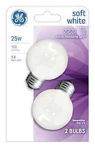 GE Industrial Solutions 31107 Incandescent Bulb, 25 W, G16.5 Lamp, Medium E26 Lamp Base, 180 Lumens