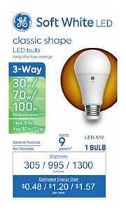 GE Basic Series 93131783 Light Bulb, Three-Way, A19 Lamp, 100 W Equivalent, DC Medium Lamp Base, Frosted, Soft White