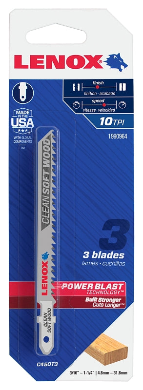 Lenox 1990964 Jig Saw Blade, 5/16 in W, 4 in L, 10 TPI, 3/PK