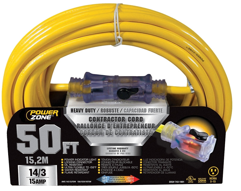 PowerZone Contractor Cord, 14 AWG Cable, 50 ft L, 15 A, 125 V, Yellow