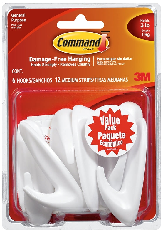 Command 17081-VP-6PK Designer Hook, 3 lb, 6-Hook, Plastic, White